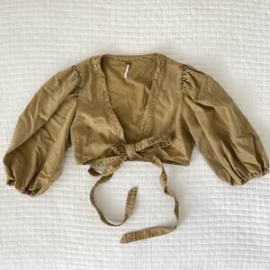 NEW Young Fabulous & Broke Puff Sleeve Tie Front Crop Blouse Small